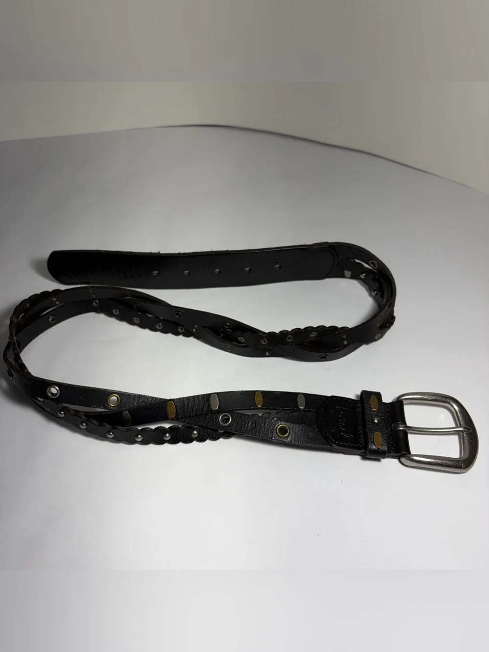 Women's Fossil Belt Black Genuine Leather Braided Studded Grommet Y2K Boho